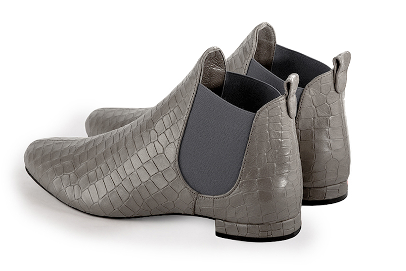 Ash grey women's ankle boots, with elastics. Round toe. Flat block heels. Rear view - Florence KOOIJMAN